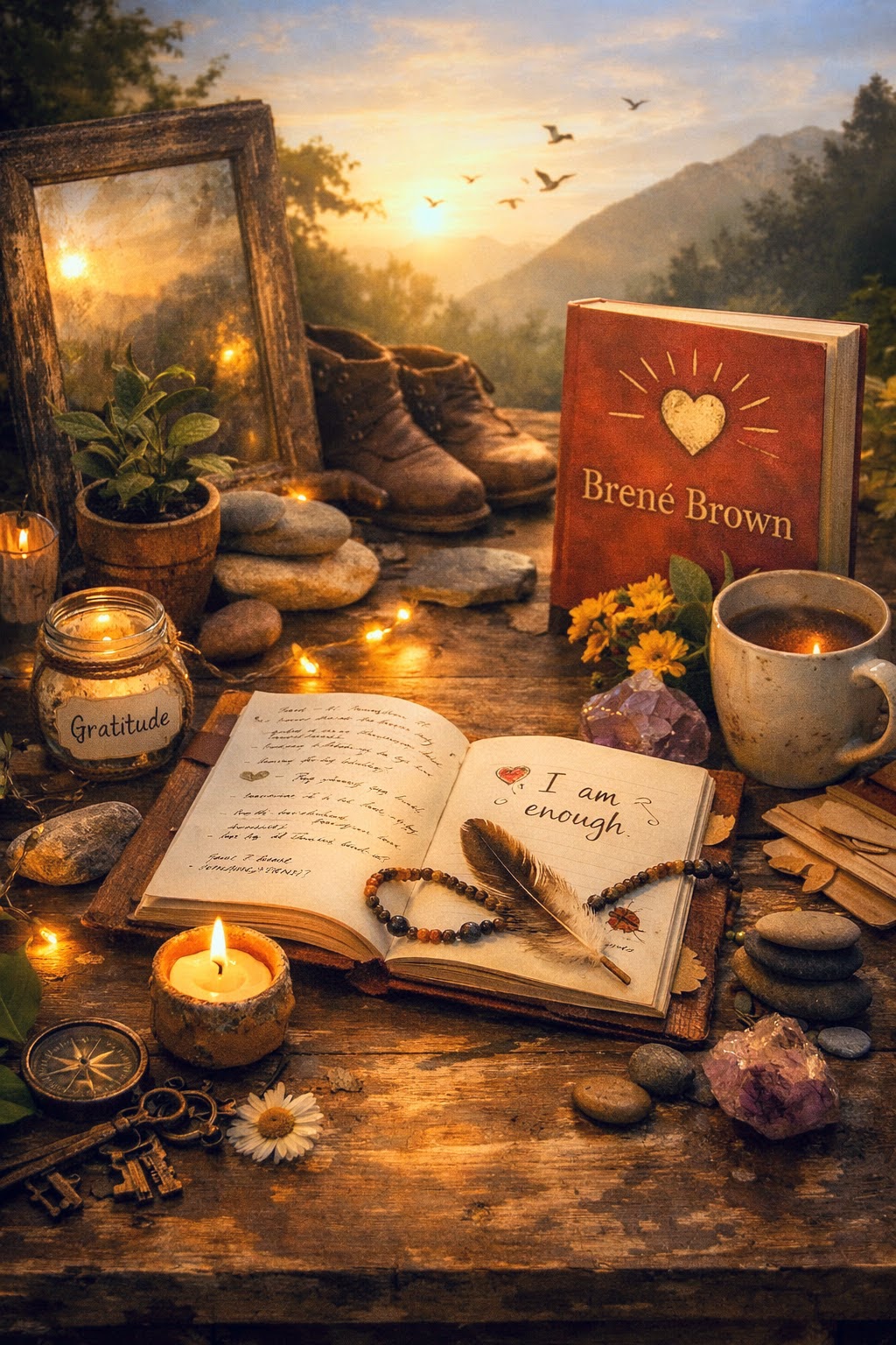 Rustic self-help book inspired scene with journal, candles, mirror, and warm sunset light, symbolizing reflection, vulnerability, and wholehearted living in The Gifts of Imperfection by Brené Brown.