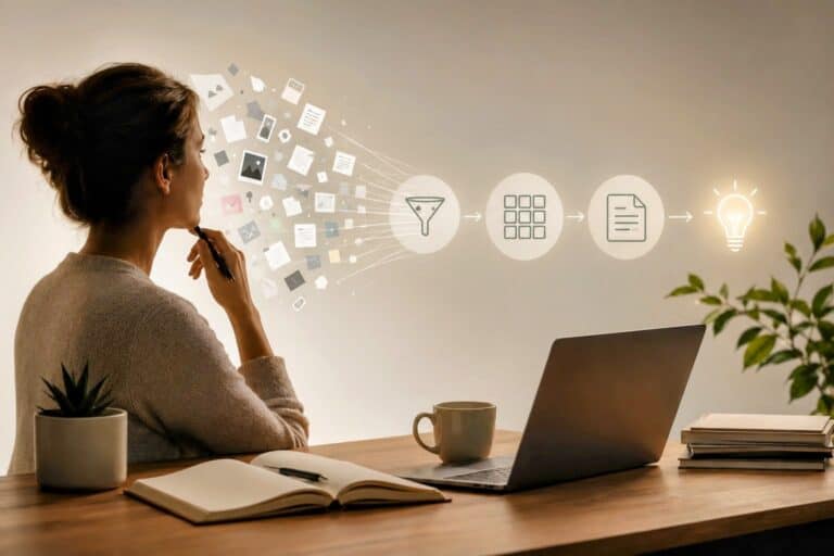 A focused person at a laptop watches scattered digital notes, files, and ideas flow into an organized system, symbolizing productivity, information overload, and Tiago Forte’s Second Brain method.