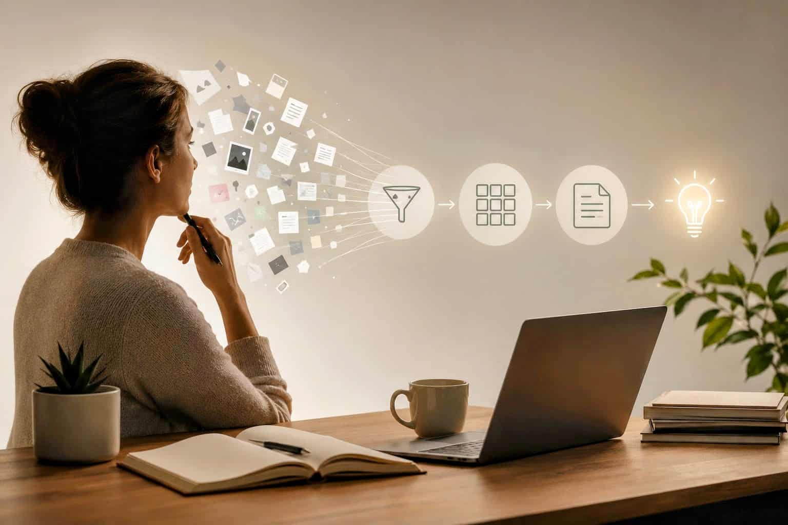 A focused person at a laptop watches scattered digital notes, files, and ideas flow into an organized system, symbolizing productivity, information overload, and Tiago Forte’s Second Brain method.