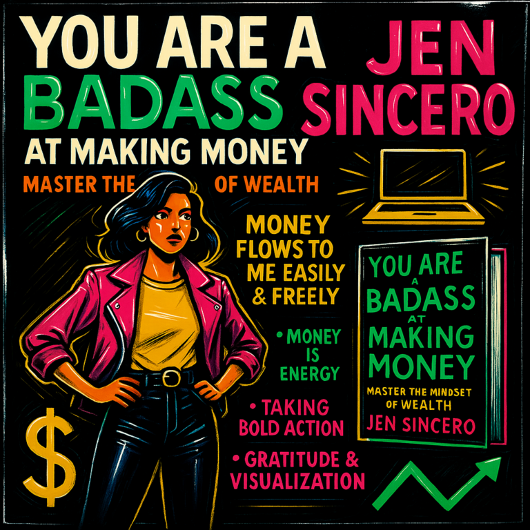 Bold illustrated featured image of Jen Sincero’s book You Are a Badass at Making Money, with a confident woman in a pink jacket, neon financial icons, and money mindset affirmations.