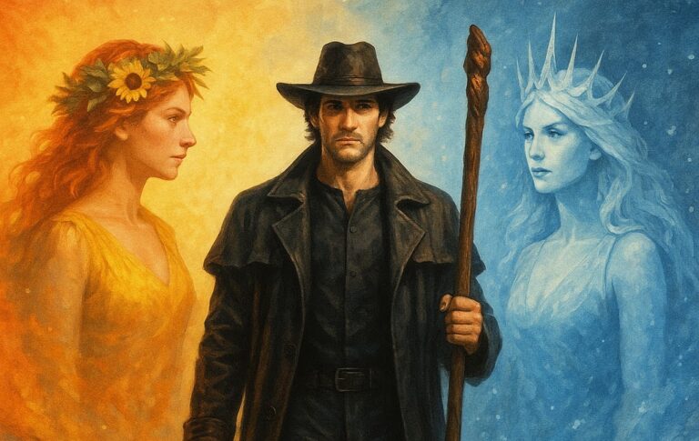 Fantasy book illustration of Harry Dresden from Summer Knight by Jim Butcher, standing between the Summer Queen and Winter Queen, symbolizing the conflict between the Faerie Courts in the Dresden Files series.