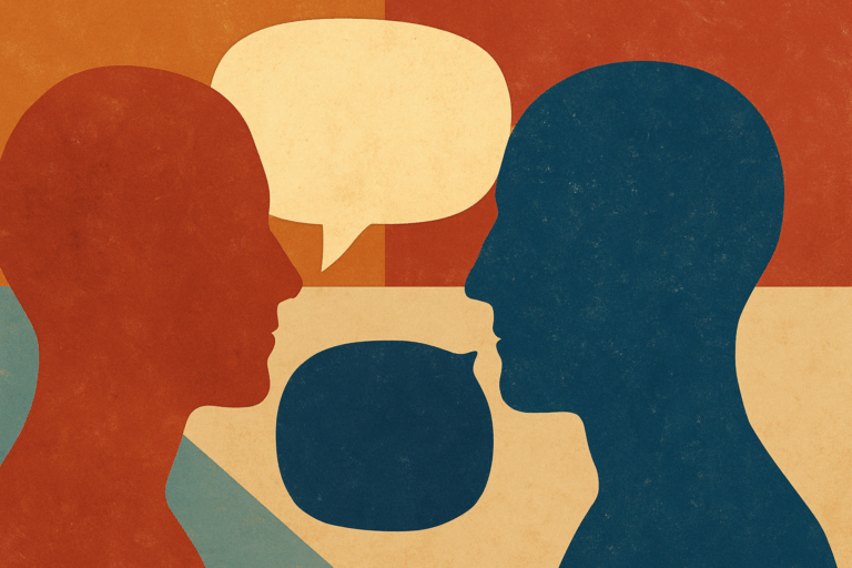 Abstract illustration of two human profiles facing each other with overlapping speech bubbles, symbolizing communication, emotional intelligence, and conflict resolution — inspired by The Next Conversation by Jefferson Fisher.