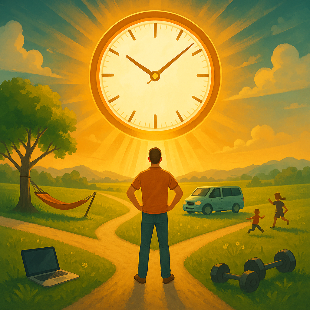 A digital illustration of a man standing at a glowing clock-shaped crossroads under a radiant sky. Each path leads to symbolic life elements: playful children, a peaceful hammock under a tree, a parked van by rolling hills, and a laptop with dumbbells. The scene represents time choices and life balance. Book review of 168 Hours: You Have More Time Than You Think by Laura Vanderkam