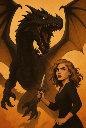 An intense fantasy scene depicting a massive, black-scaled dragon roaring against a golden sky. A small figure clings to its back, struggling to stay mounted, while a determined young woman with wavy hair stands in the foreground, gripping a dagger and staring down the beast.