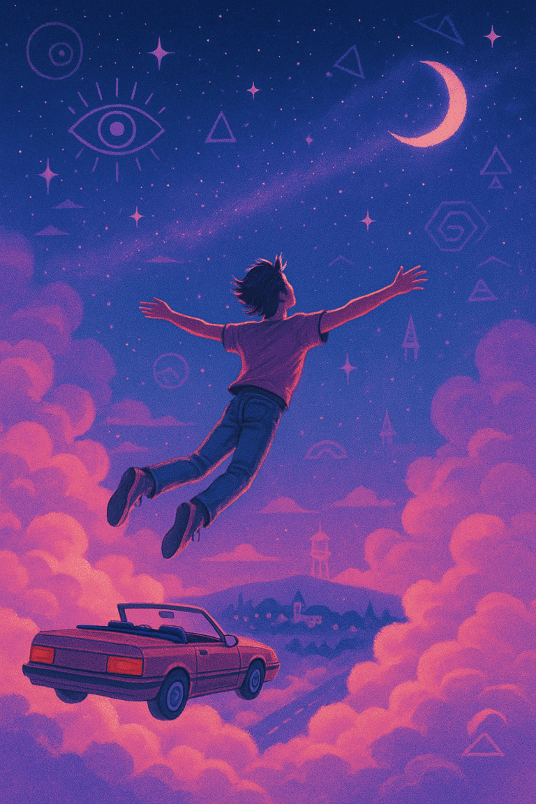 Illustration of a young dreamer flying through a surreal night sky with a red convertible and celestial symbols, inspired by lucid dreaming and 90s new age aesthetics.