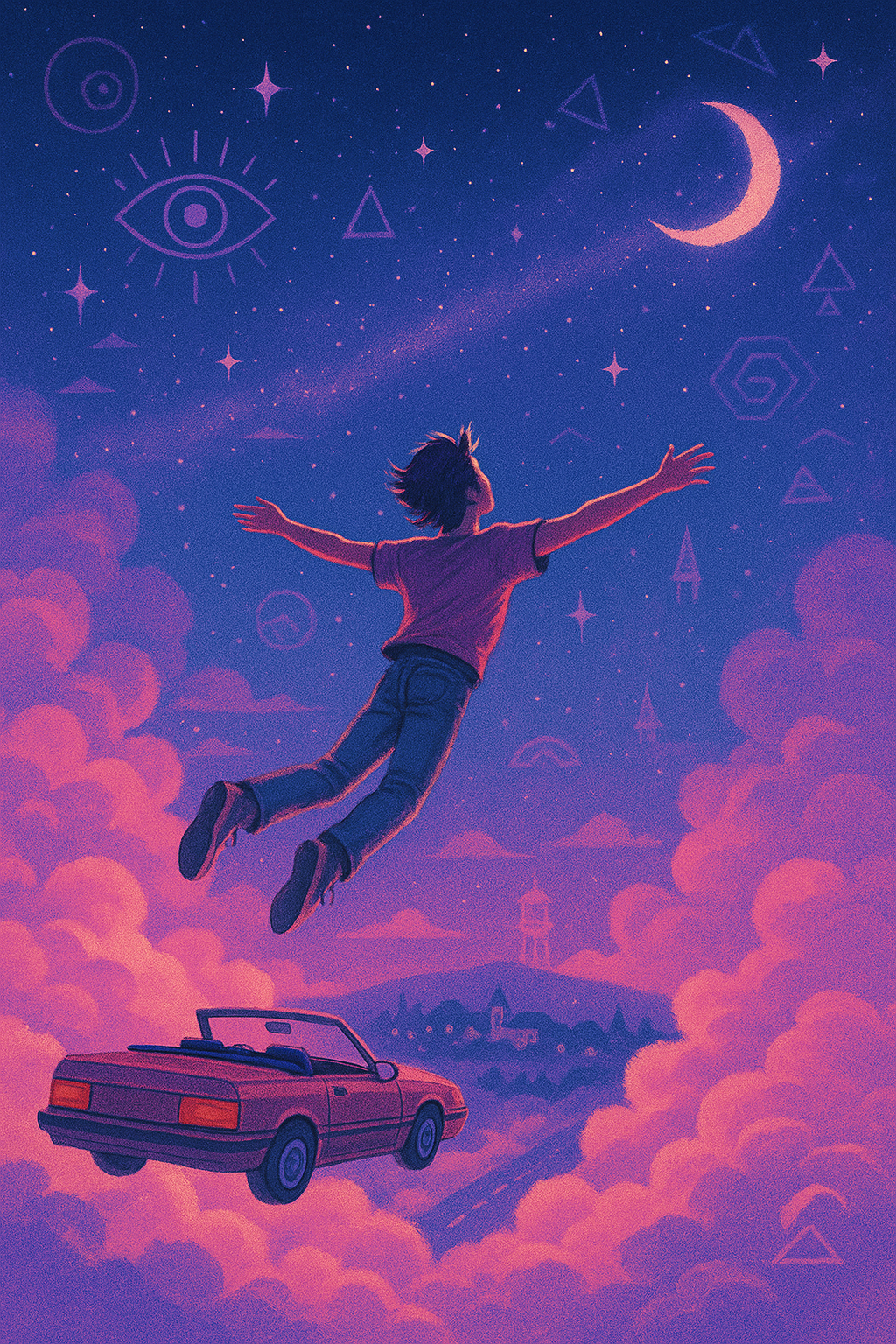 Illustration of a young dreamer flying through a surreal night sky with a red convertible and celestial symbols, inspired by lucid dreaming and 90s new age aesthetics.