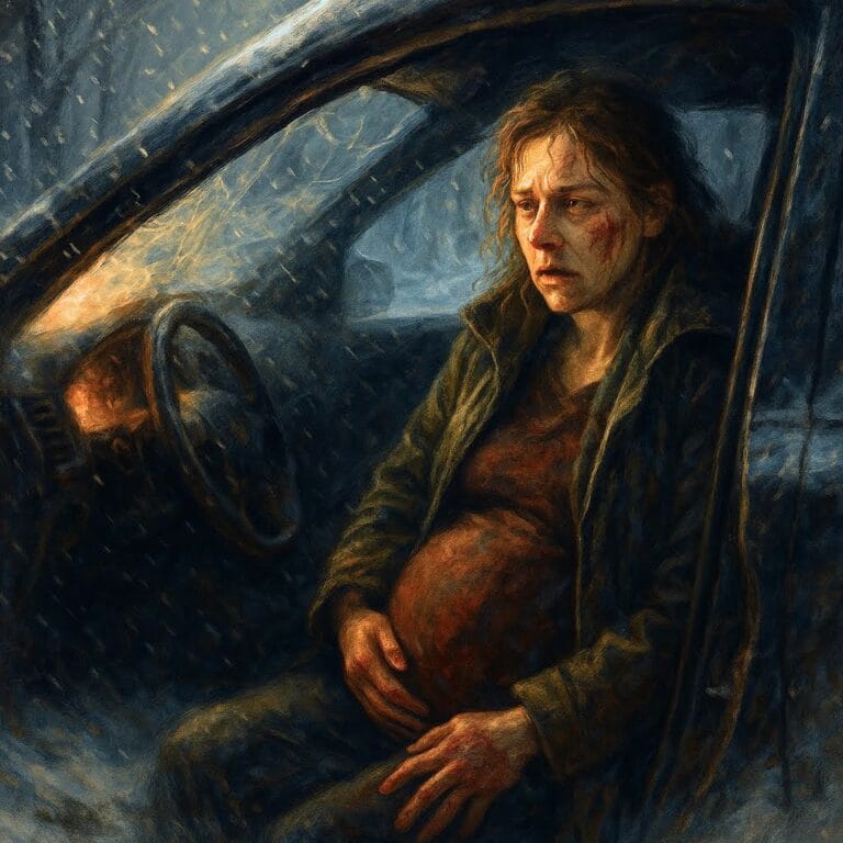 Injured pregnant woman sitting in a crashed car during a snowstorm, clutching her belly with visible distress and fear.