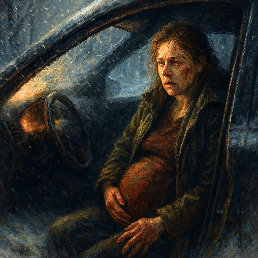 Injured pregnant woman sitting in a crashed car during a snowstorm, clutching her belly with visible distress and fear.