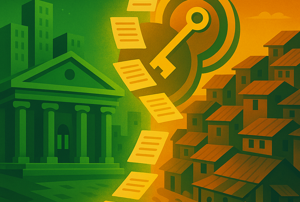 Illustration contrasting two economic systems — a modern city with a courthouse on the left and a dense informal settlement on the right — connected by glowing legal documents and a golden key, symbolizing the transformative power of formal property rights.