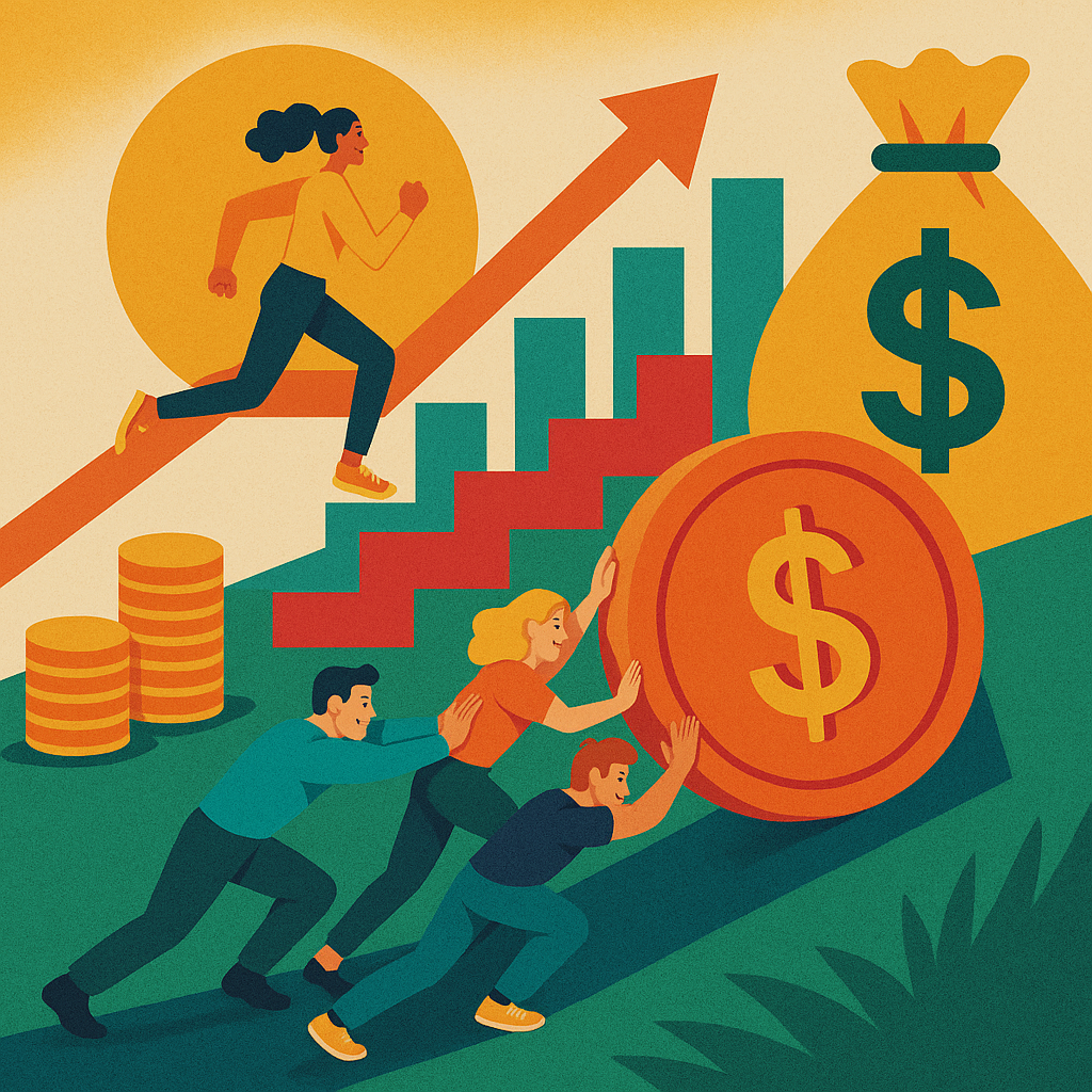 Three people work together to push a giant coin uphill toward a large money bag, symbolizing teamwork and financial progress in the debt snowball method.