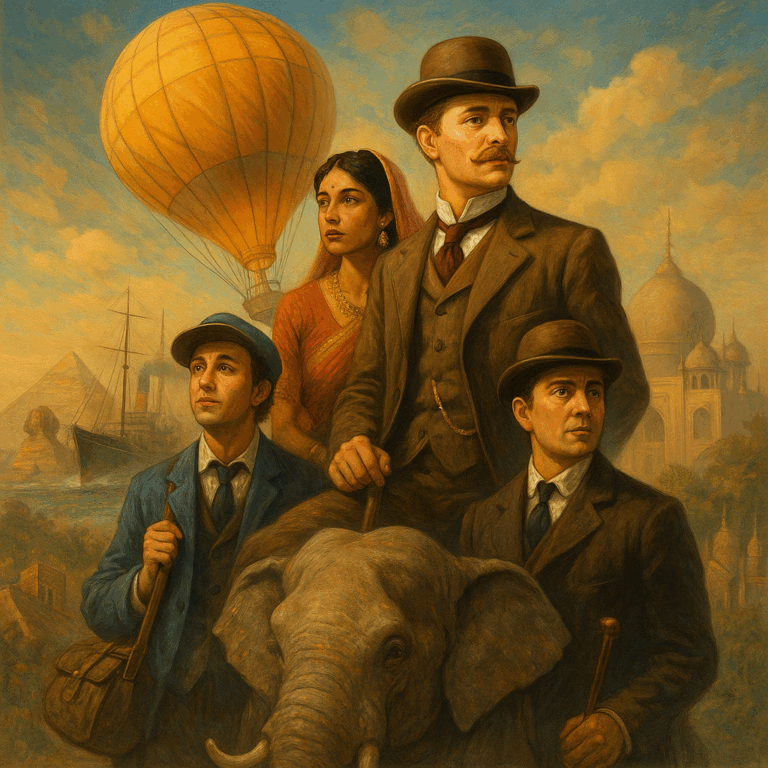 A vintage-style painting depicting Phileas Fogg, Aouda, Passepartout, and Detective Fix on their global journey; Fogg rides an elephant with iconic landmarks like the Taj Mahal, Sphinx, and a steamship in the background, along with a hot air balloon in the sky.