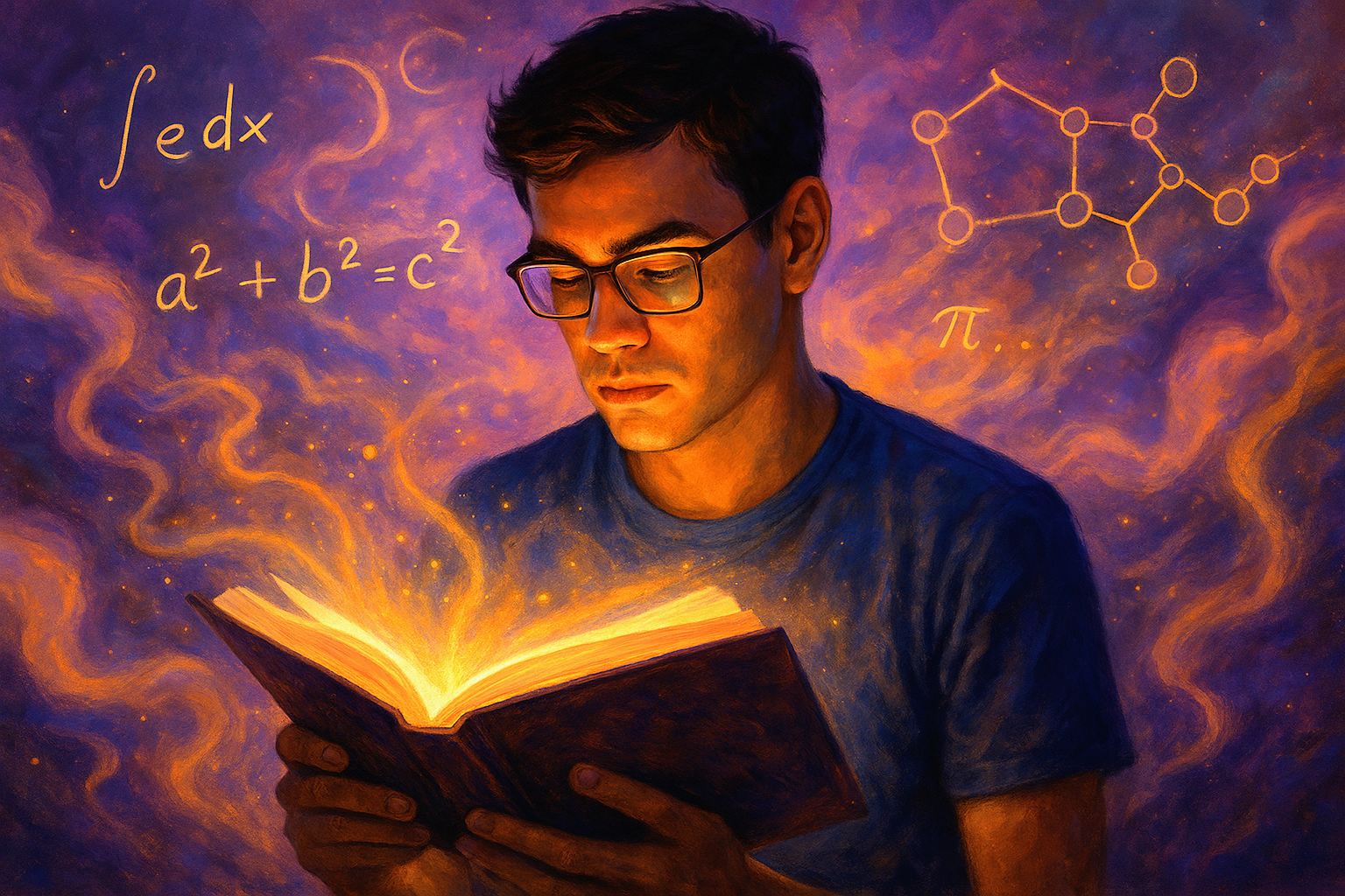 A digital painting of a young man with glasses reading a glowing book, surrounded by swirling purple and orange light, with abstract equations and molecular diagrams representing themes from science, learning, and lucid dreaming.