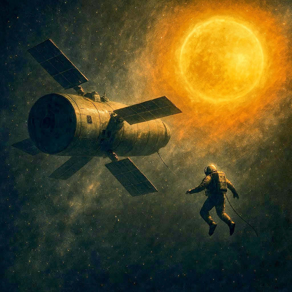 A lone astronaut in a white spacesuit floats tethered near a large cylindrical spacecraft, facing a glowing yellow star in deep space. The scene captures the isolation and intensity of interstellar travel, evoking the themes of survival and discovery from Project Hail Mary by Andy Weir.
