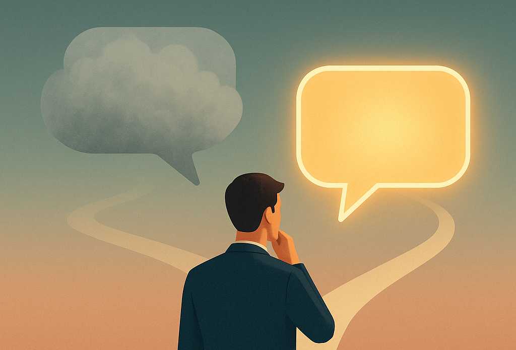 A minimalist conceptual illustration of a man at a crossroads, deciding between a foggy speech bubble path and a glowing one, symbolizing spontaneous communication under pressure.
