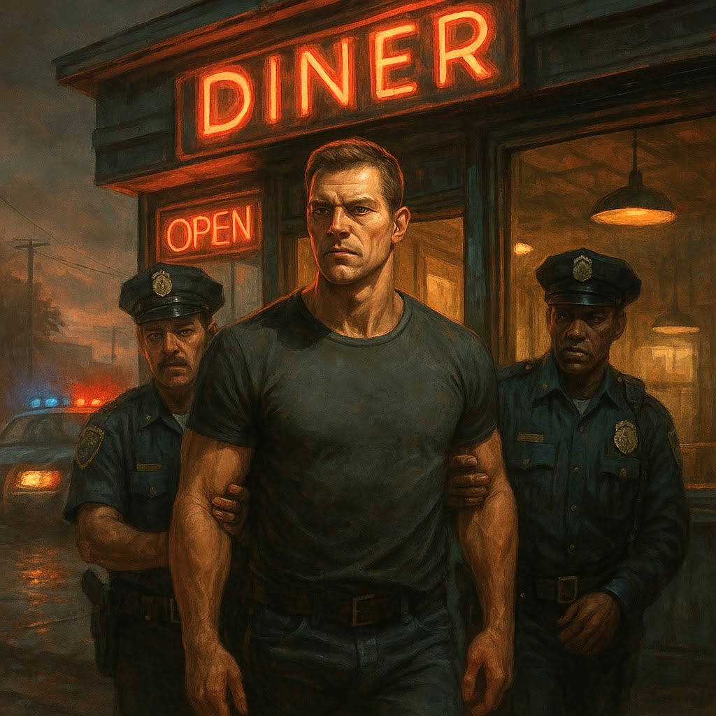 A muscular man with a stoic expression is escorted by two police officers out of a neon-lit diner at night, evoking a tense and gritty atmosphere.
