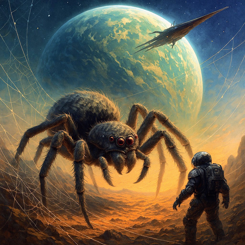 A large, intelligent spider confronts a lone astronaut on an alien terrain with webbing in the air and a lush Earth-like planet and spacecraft looming above — capturing the central tension of Children of Time by Adrian Tchaikovsky.