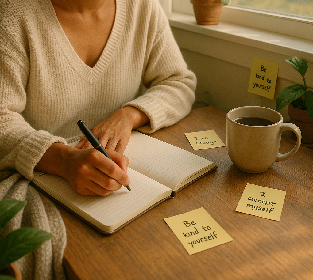 A young woman with curly hair and medium brown skin sits peacefully at a wooden desk, journaling in a notebook. Morning sunlight streams through a nearby window, illuminating sticky notes with affirmations like “Be kind to yourself” and “I accept myself.” A warm cup of coffee and green plants surround her, creating a calm and reflective atmosphere.