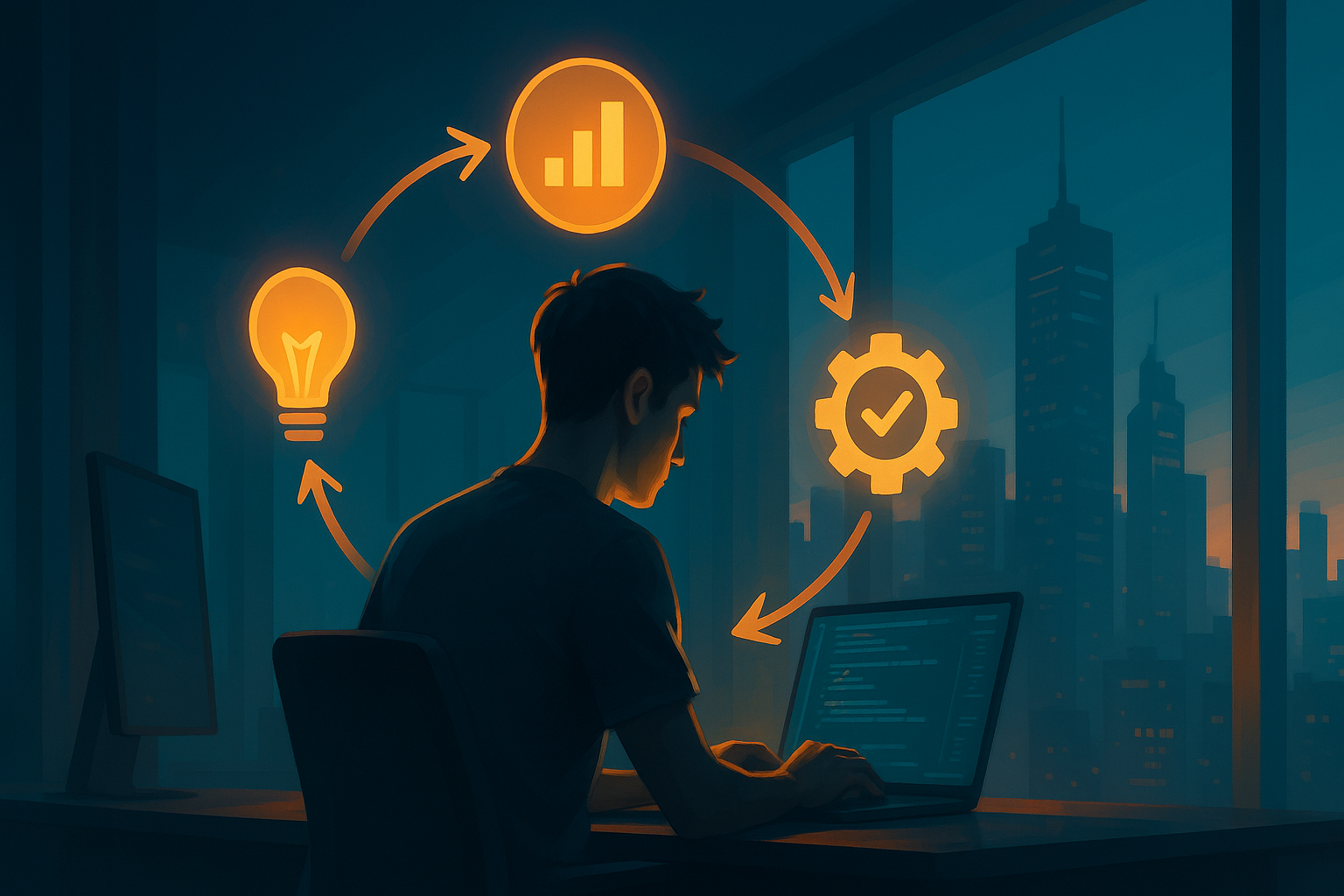 Concept-art illustration of a software developer coding at dusk, framed by glowing orange icons—lightbulb, bar chart, gear with checkmark—linked in a circular loop, city skyline in the background.