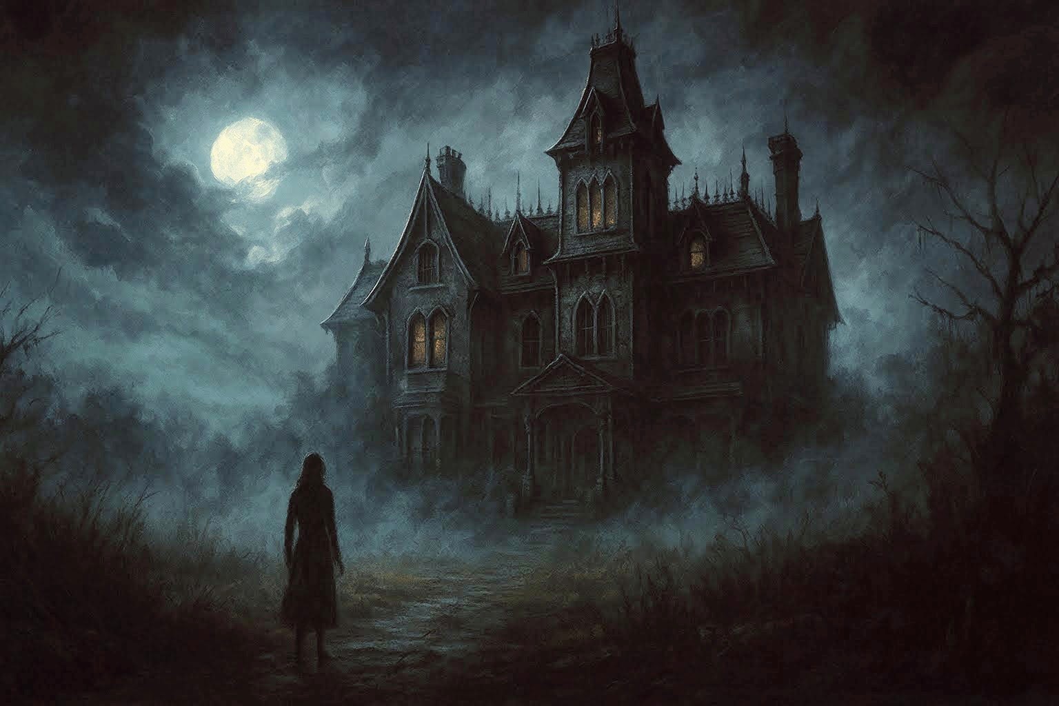 Silhouetted woman approaches a fog-shrouded Gothic mansion under a full moon, evoking the eerie atmosphere of The Haunting of Hill House.