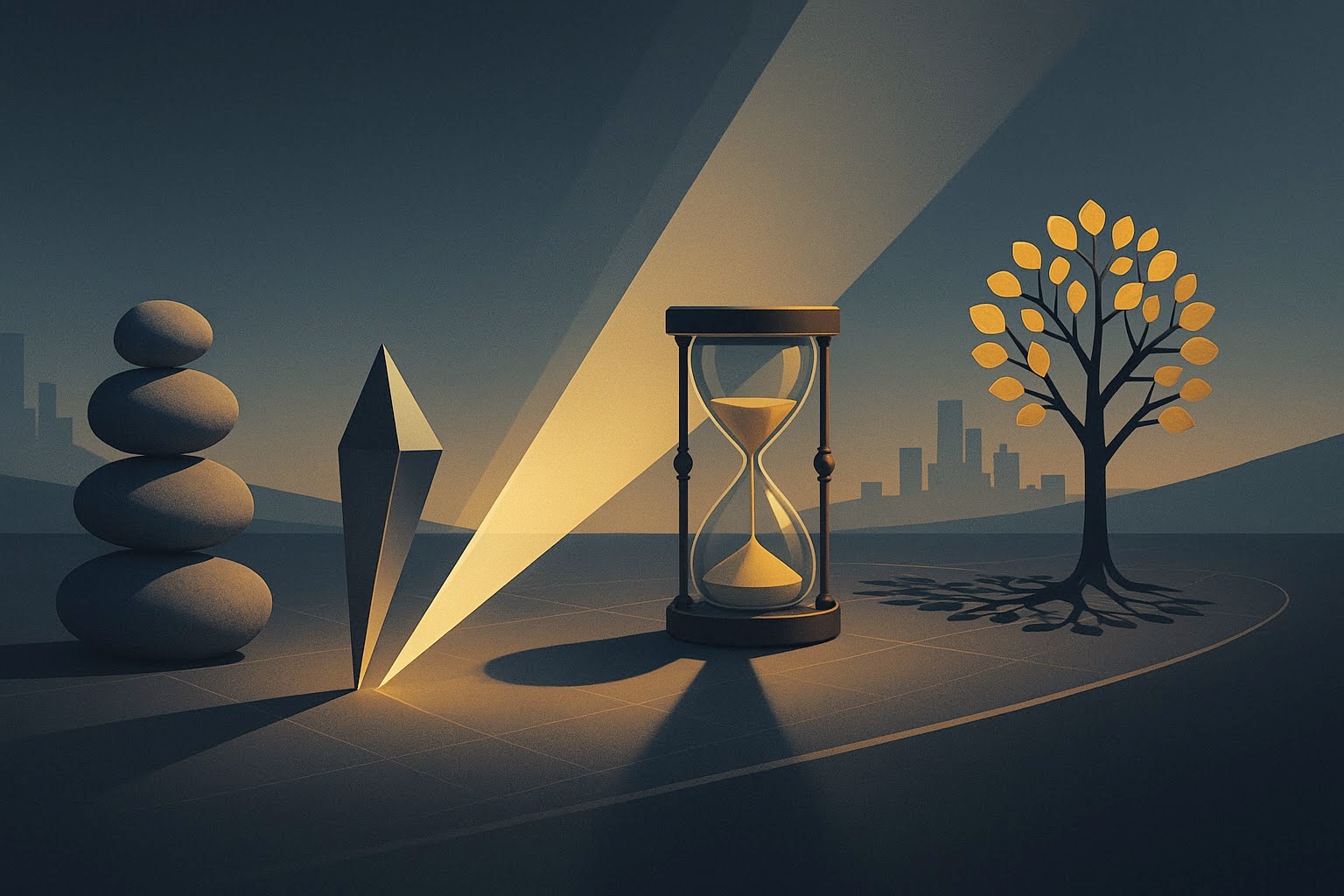 Minimalist illustration symbolizing Scott Galloway’s “Algebra of Wealth”: stacked stones (stoicism), a prism casting a focused beam (focus), an hourglass (time), and a coin-leaf tree (diversification) along a curved path with a dusk city skyline.