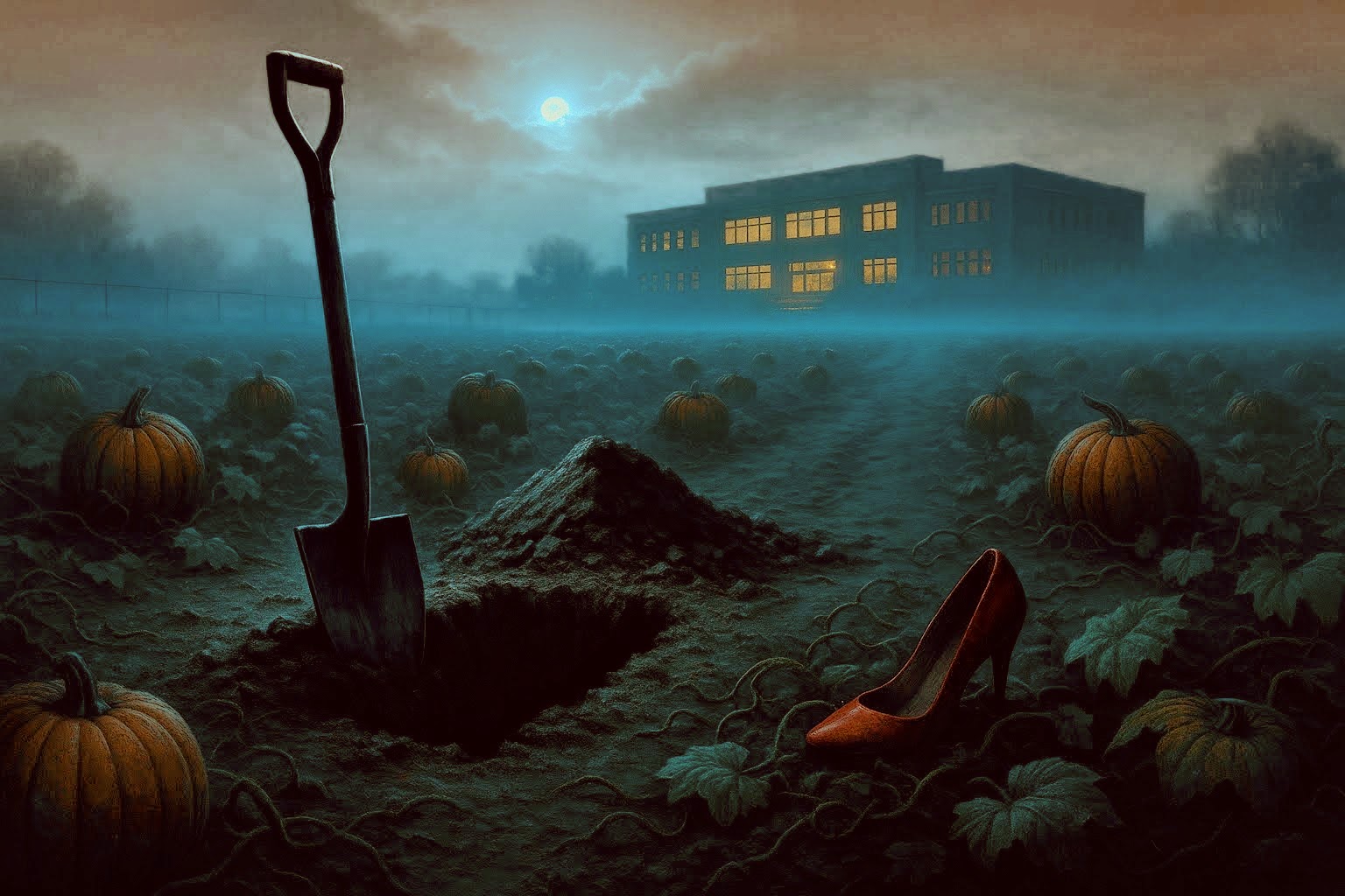 Moonlit pumpkin field with an open grave, shovel, and lone red high heel; distant high school glows through fog, evoking The Teacher by Freida McFadden.