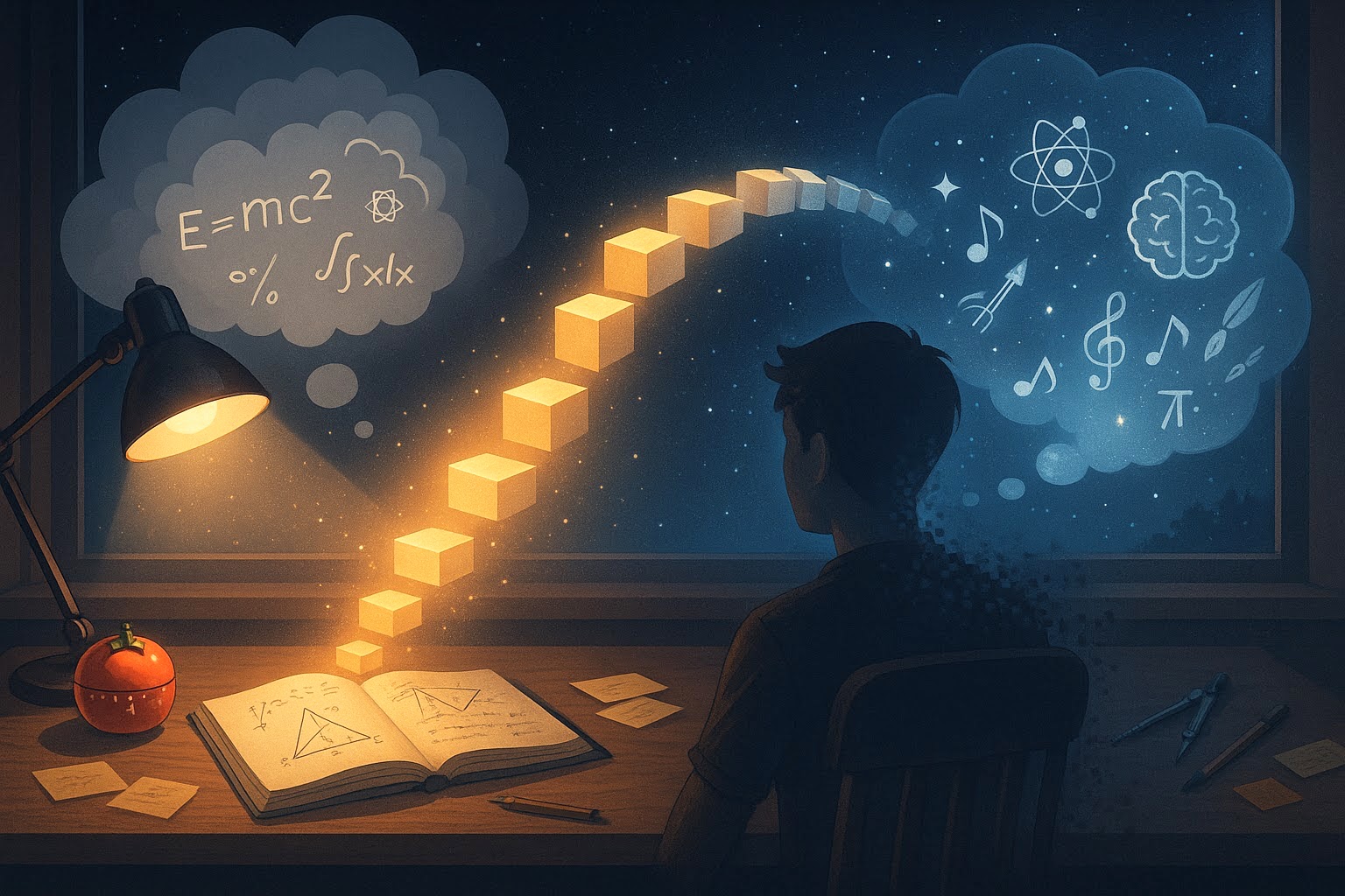 Late-night study scene: a learner at a desk under a warm lamp with a math notebook and Pomodoro timer; glowing cubes rise into a starry sky with science icons, symbolizing chunking and focused vs. diffuse thinking.