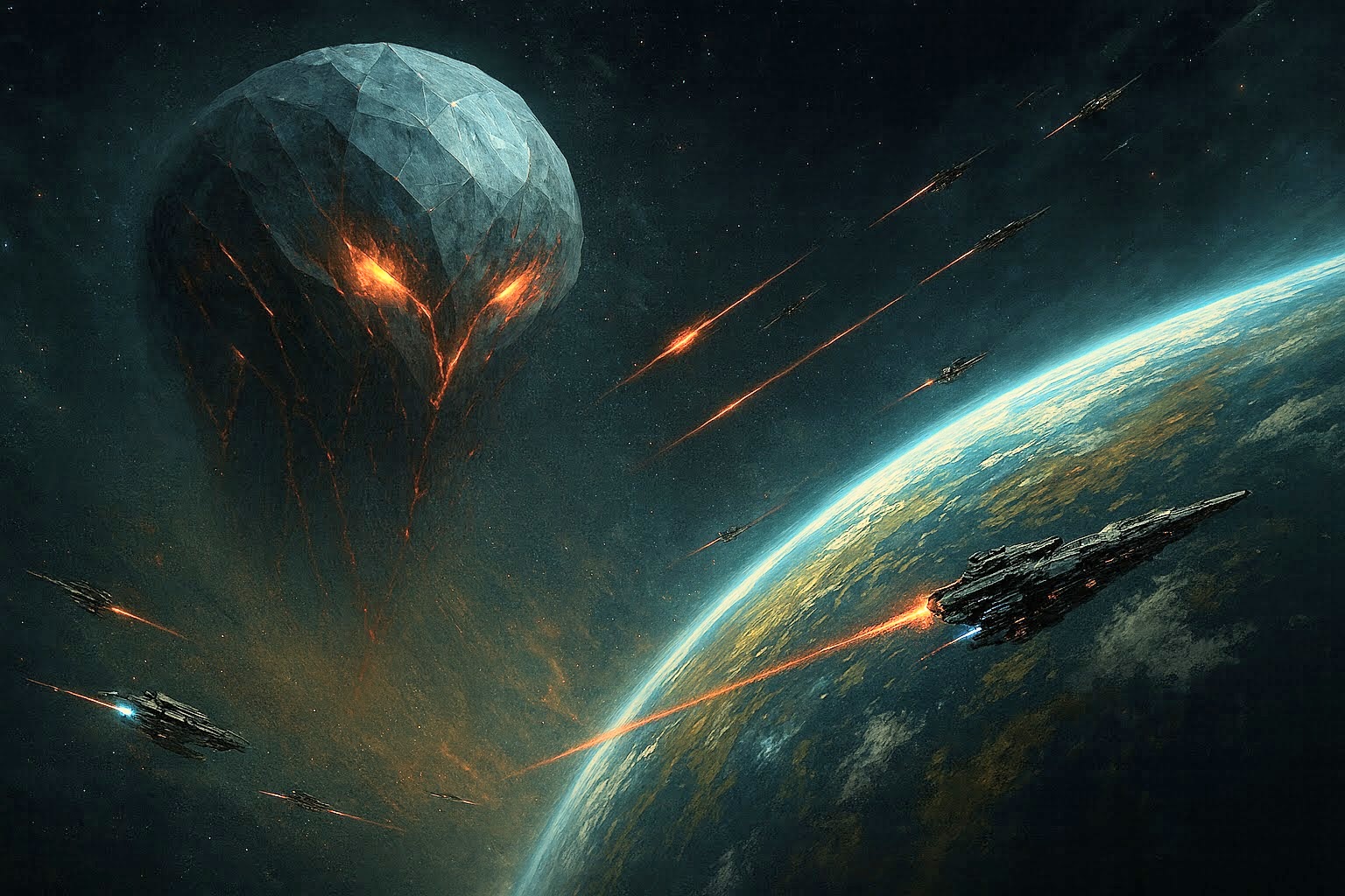 A colossal crystalline alien structure looms over an Earth-like planet as fleets of human warships unleash bright laser fire against it in the depths of space.
