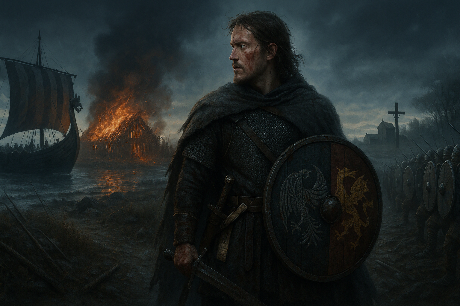 Battle-worn Saxon-Dane warrior with round shield faces a burning longhouse; a Viking longship and distant church cross loom under stormy dawn skies.