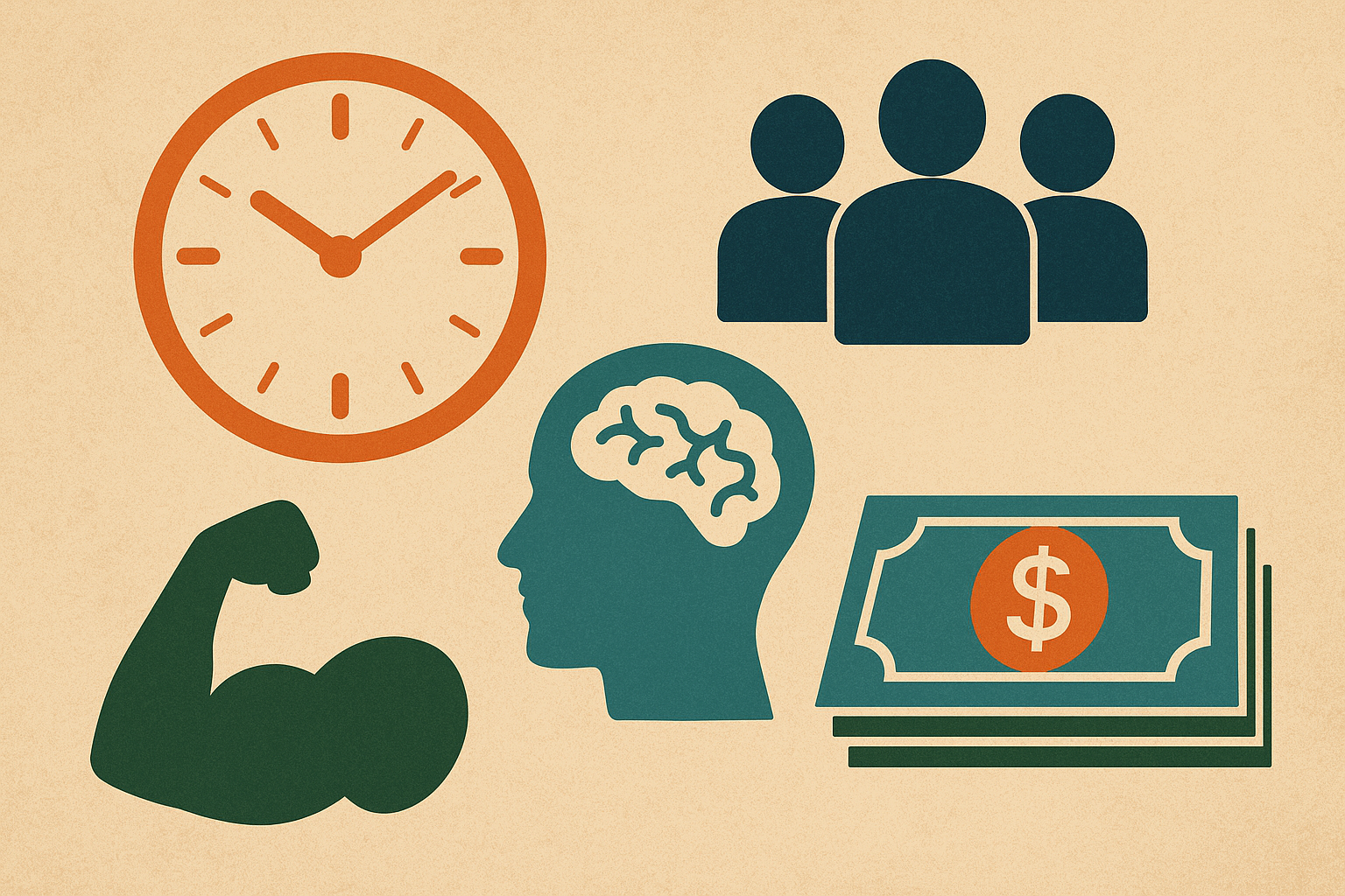 A flat-style illustration showing five symbolic icons of wealth: a clock for time, three people for social, a human head with a brain for mental, a flexing arm for physical, and dollar bills for financial, arranged on a beige background.