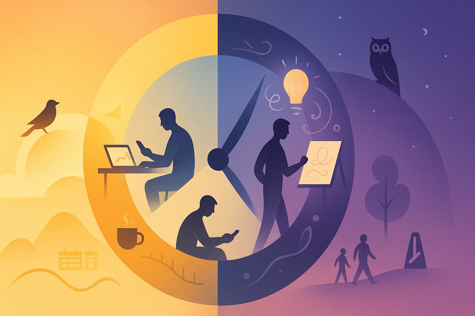 Illustrated circadian clock split into warm morning, cool afternoon, and purple evening; lark and owl icons; person working, slumping, then creating—peak, trough, recovery.