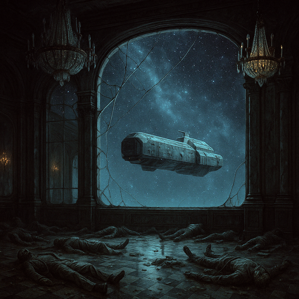 Derelict starliner ballroom with bodies; through a cracked window, a starfield and a small salvage ship approach.