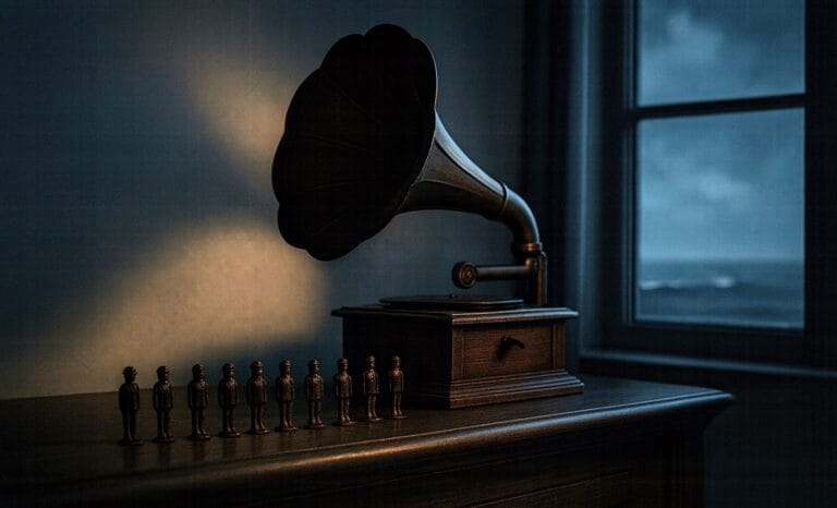 Vintage gramophone and ten little soldier figurines beside a stormy window overlooking Soldier Island — moody scene inspired by Agatha Christie’s And Then There Were None.