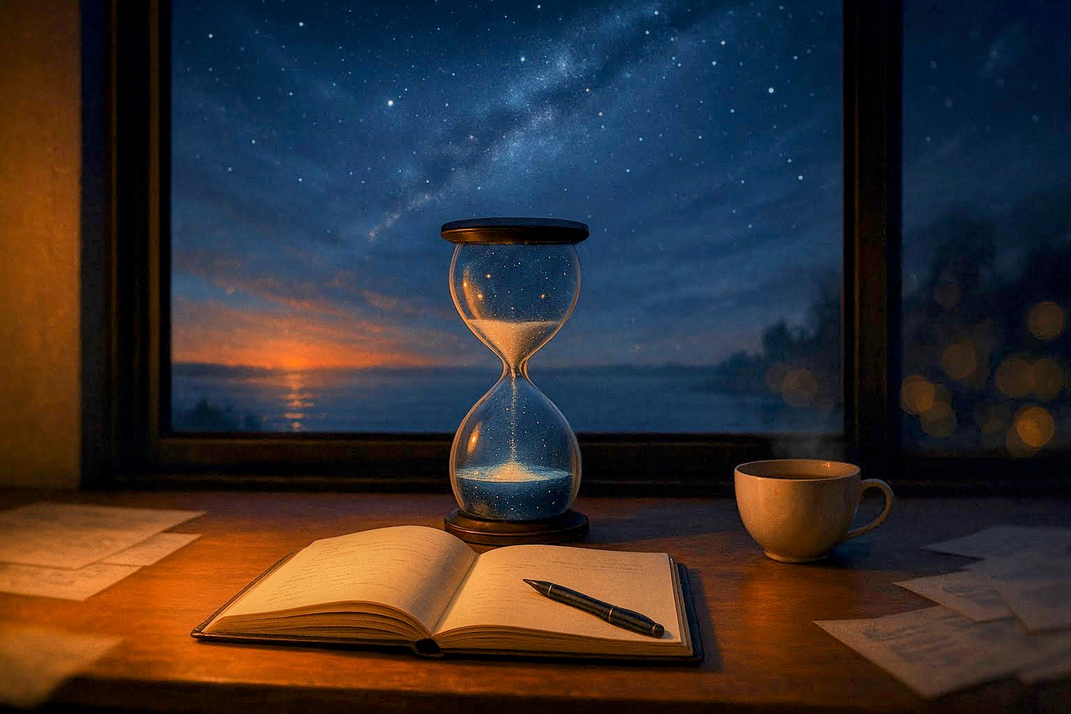 Hourglass with star-like sand on a desk beside an open notebook, pen, and coffee cup, viewed through a window at twilight over the sea under a starry sky.