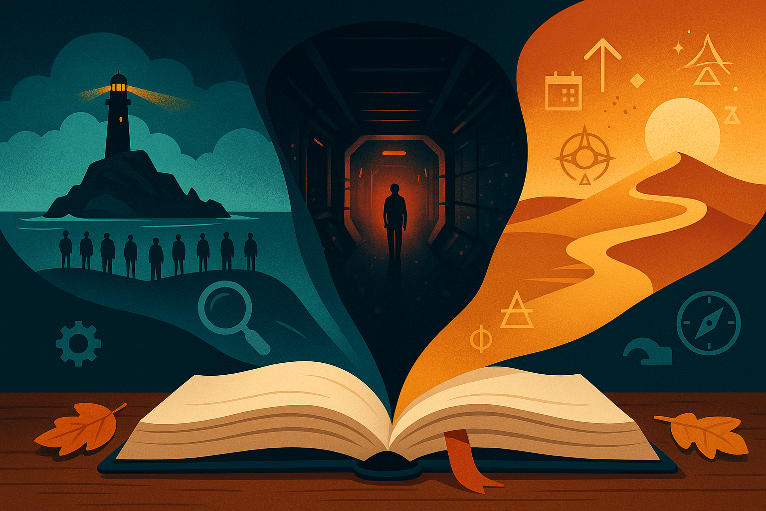 Illustrated open book with scenes of mystery, sci-fi, and growth emerging from its pages, symbolizing September reading wrap-up.