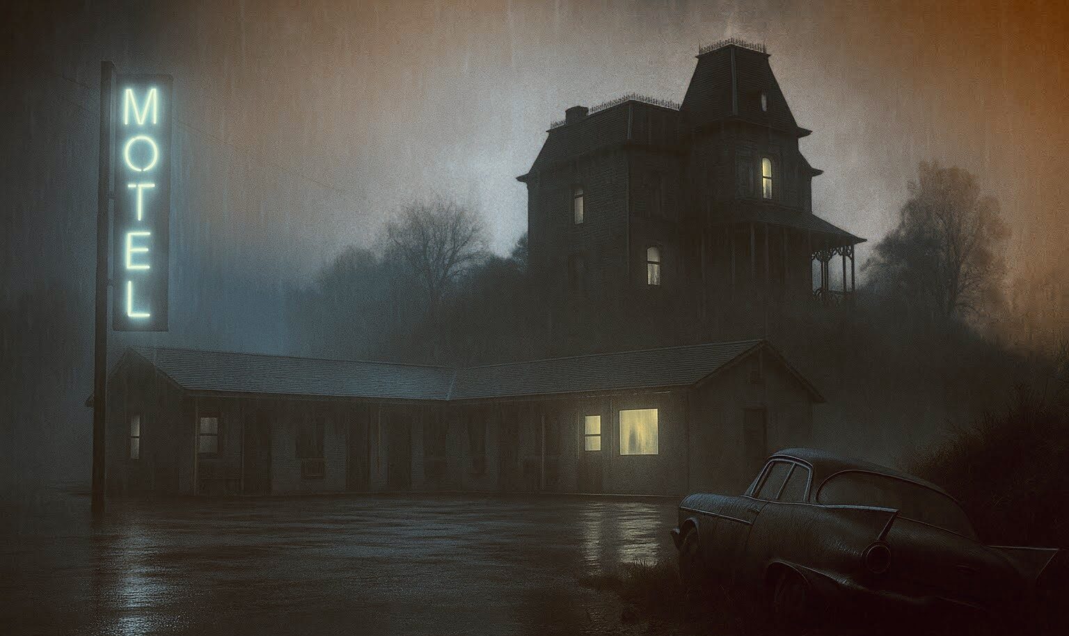 Rainy night at a lonely motel: neon sign, one lit window, a Victorian house on the hill, and a 1950s car in the mud—evoking Robert Bloch’s Psycho.