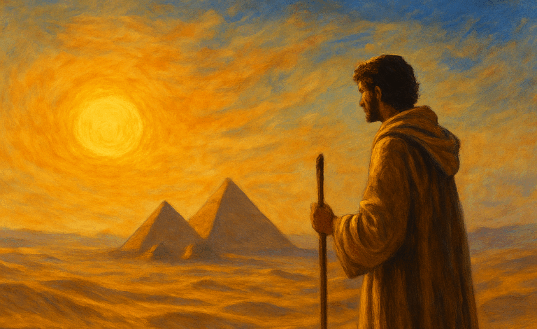 A lone shepherd in a golden desert at sunset gazes toward the Egyptian pyramids, with a half-buried treasure chest in the sand.