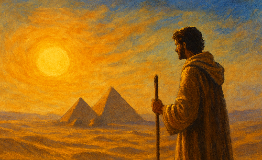 A lone shepherd in a golden desert at sunset gazes toward the Egyptian pyramids, with a half-buried treasure chest in the sand.