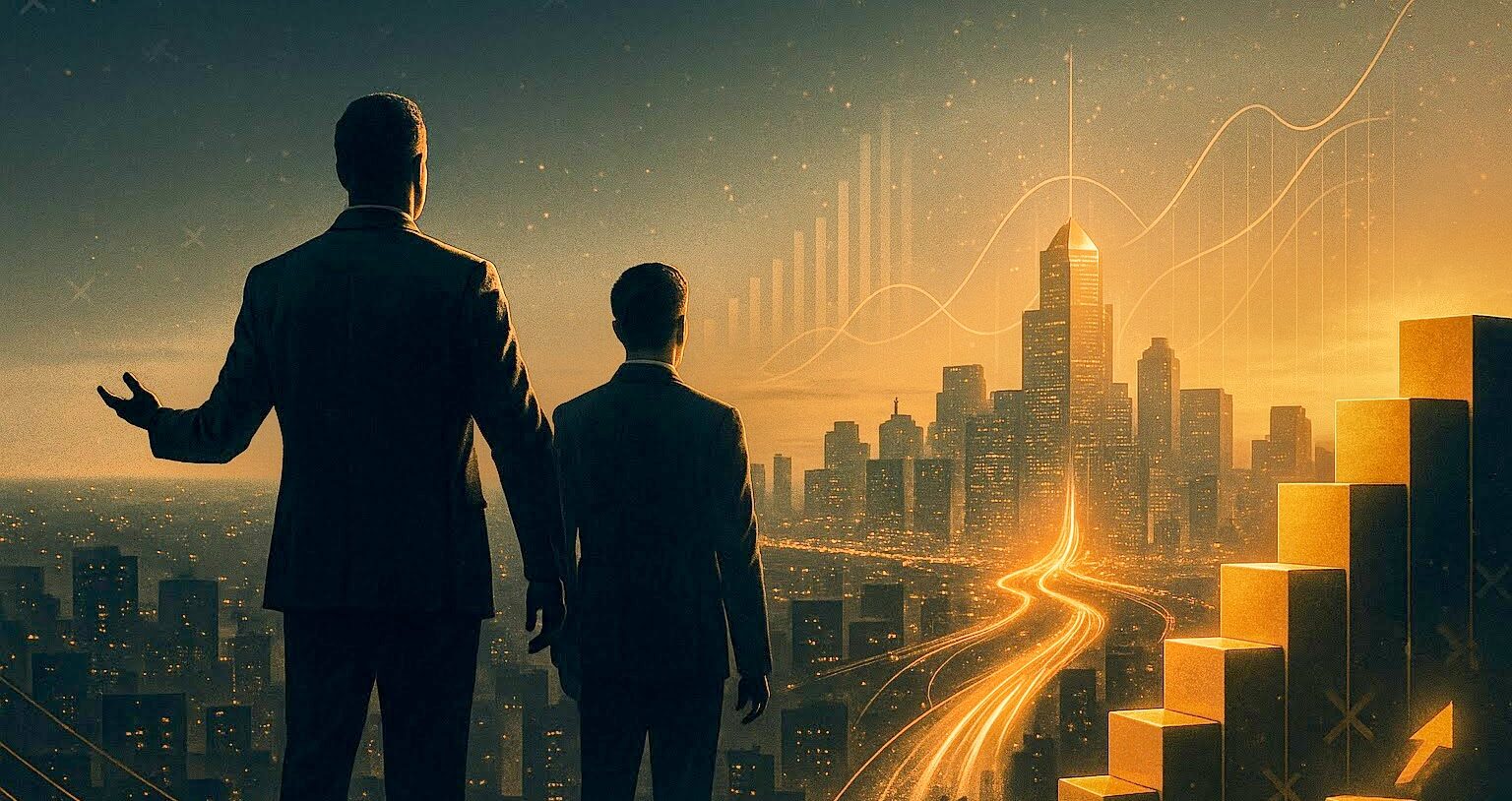 Mentor and mentee on a rooftop at golden hour, overlooking a glowing city; rising bars, trend lines, and light-trail highways symbolize 10X growth and impact.