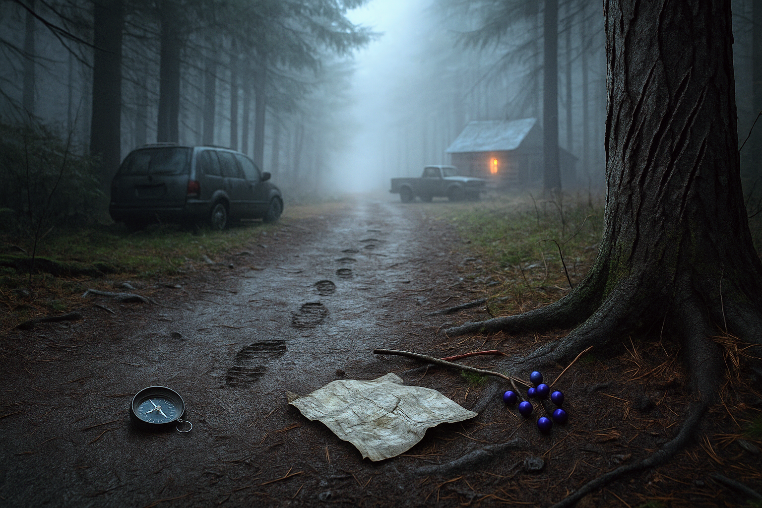 Foggy forest trail at dusk with footprints to a lit cabin; an abandoned minivan, compass, crumpled map, and nightshade berries evoke Freida McFadden’s One by One.