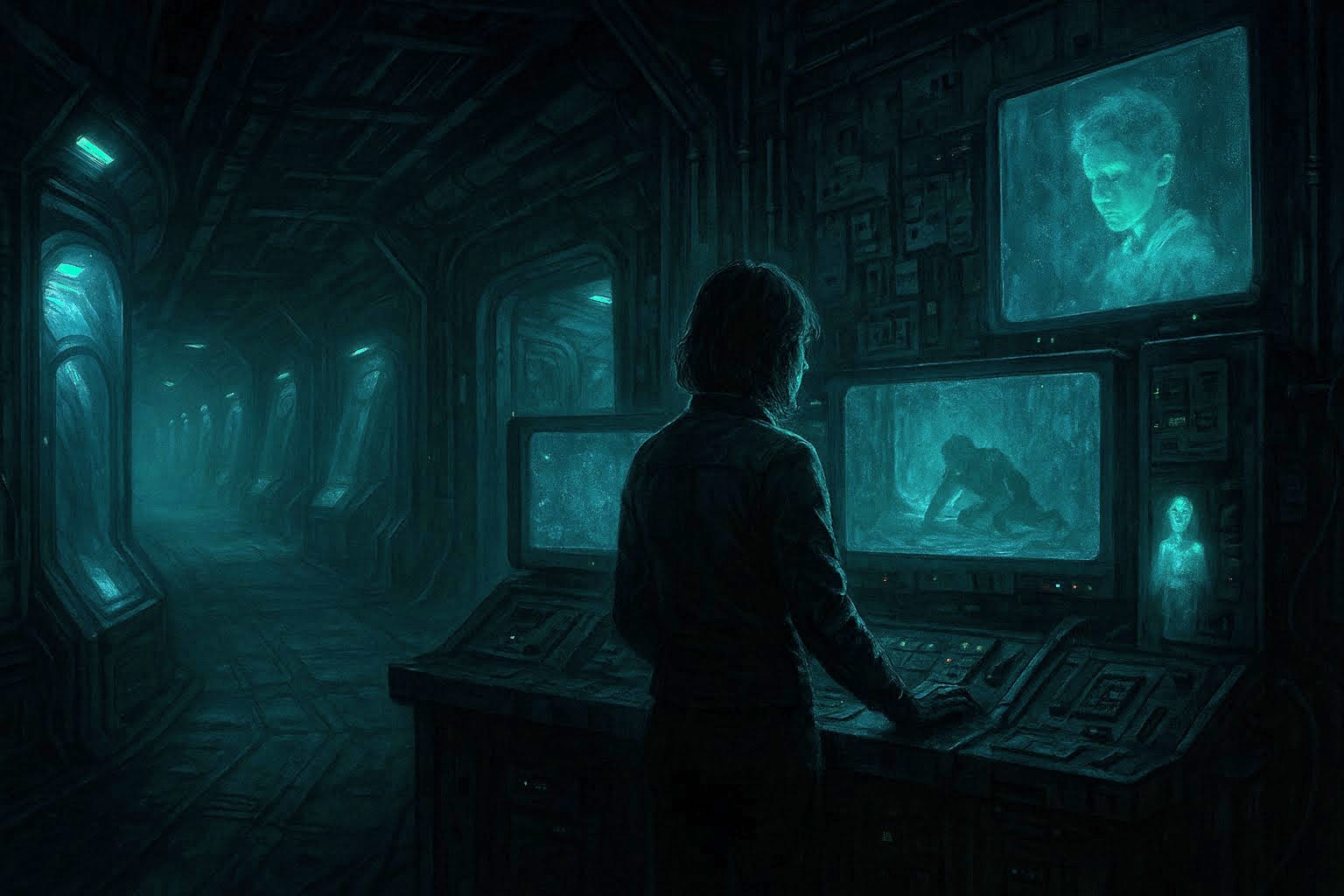 A woman stands alone in a dim, teal-lit control room on a decaying space barge, watching flickering monitors that show a crawling human figure, a ghostly boy’s hologram, and a corridor lined with shadowy cryo pods, inspired by the space-horror novel Cold Eternity by S.A. Barnes.