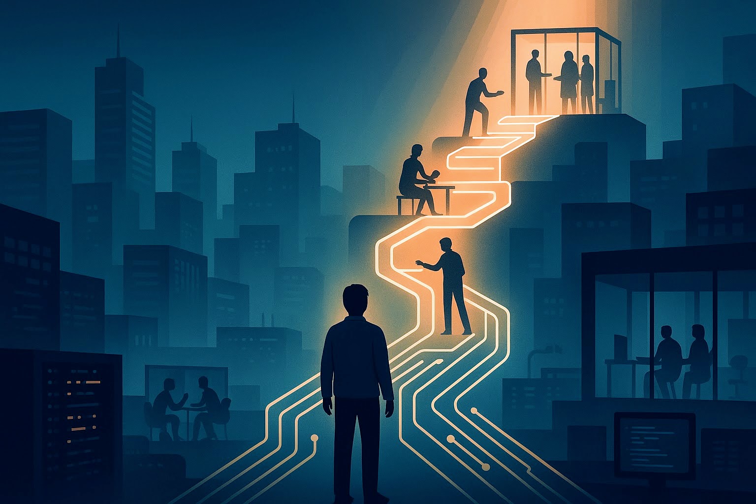 Illustration of a software engineer standing at the base of a glowing, circuit-like path that rises through a modern tech city, showing stages of mentoring, collaboration, and executive leadership along the way.