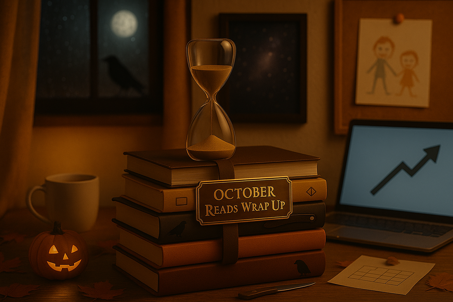 Stack of autumn-toned books with an hourglass and a brass label reading “October Reads Wrap Up,” beside a jack-o’-lantern, mug, and laptop by a moonlit window.