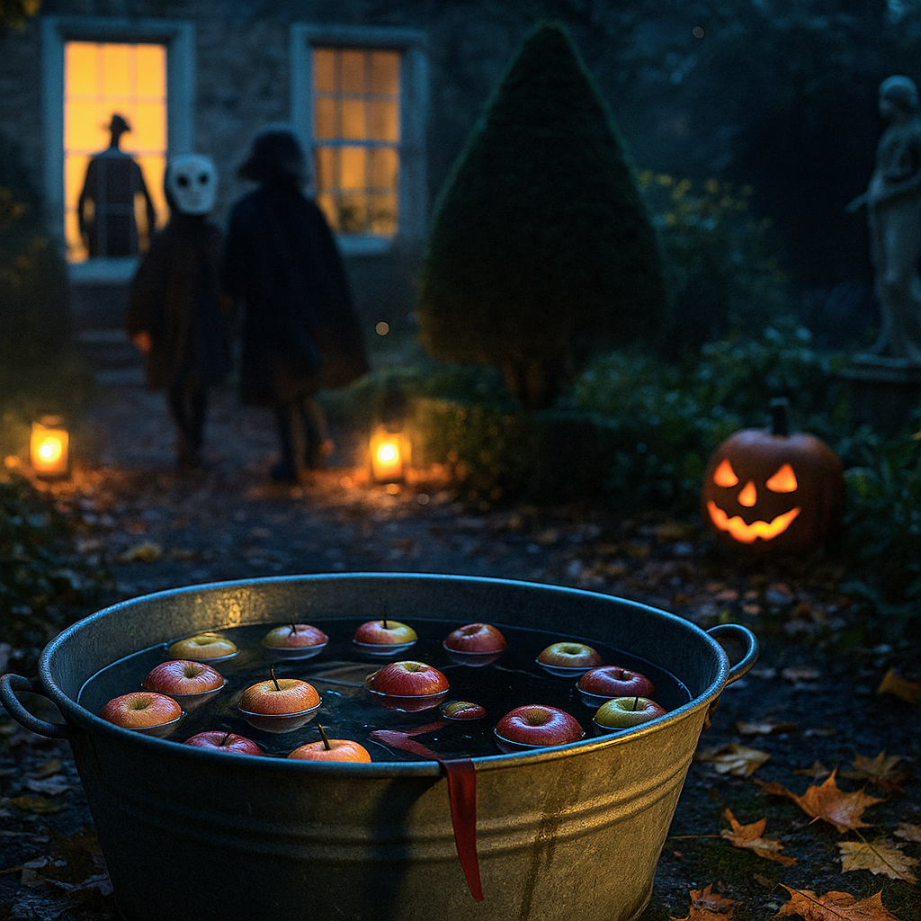 Metal tub of bobbing apples on a lantern-lit garden path; a jack-o’-lantern glows as masked children approach a stone house at night.