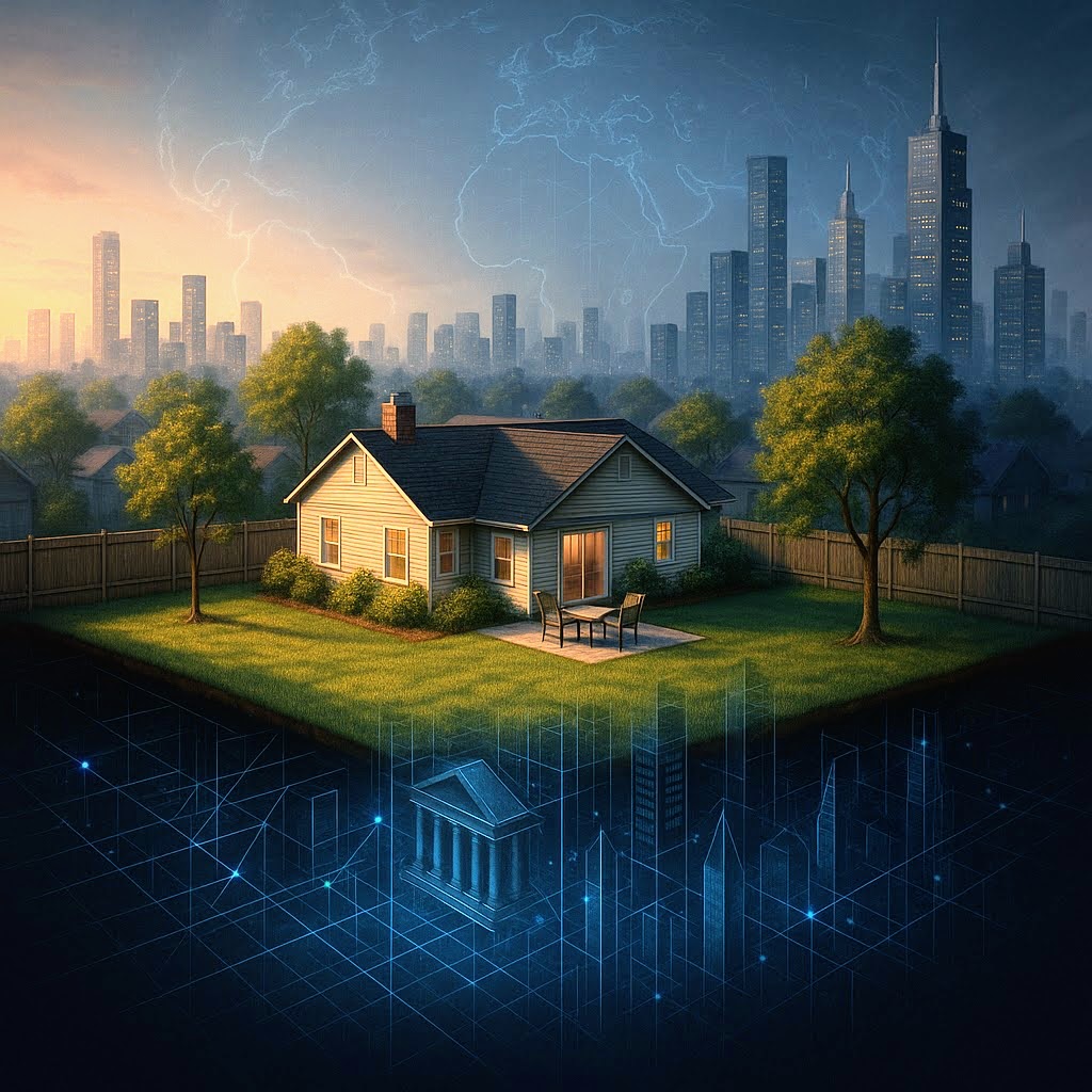 Digital illustration of a small suburban house with a green backyard, backed by a distant city skyline, with a glowing blue grid and outlines of banks and skyscrapers revealed beneath the lawn to show how ordinary land underpins the global financial system.
