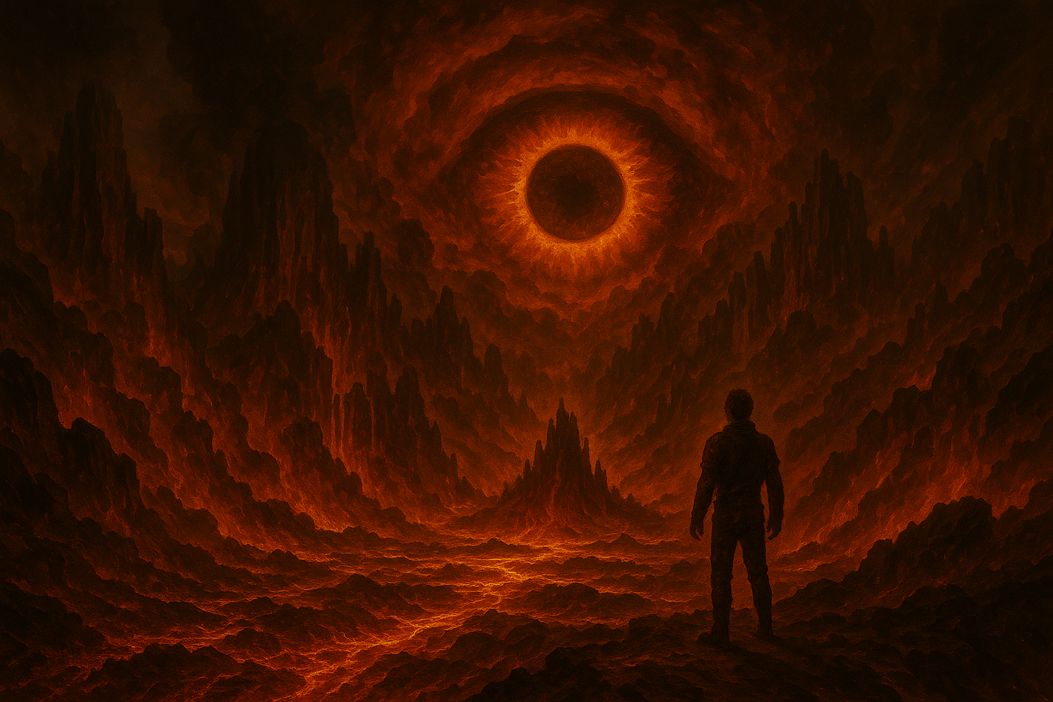 A lone figure stands on the jagged lava fields of Criccieth’s Hell, staring up at a blazing eclipse-like Eye burning in the smoke-filled sky.