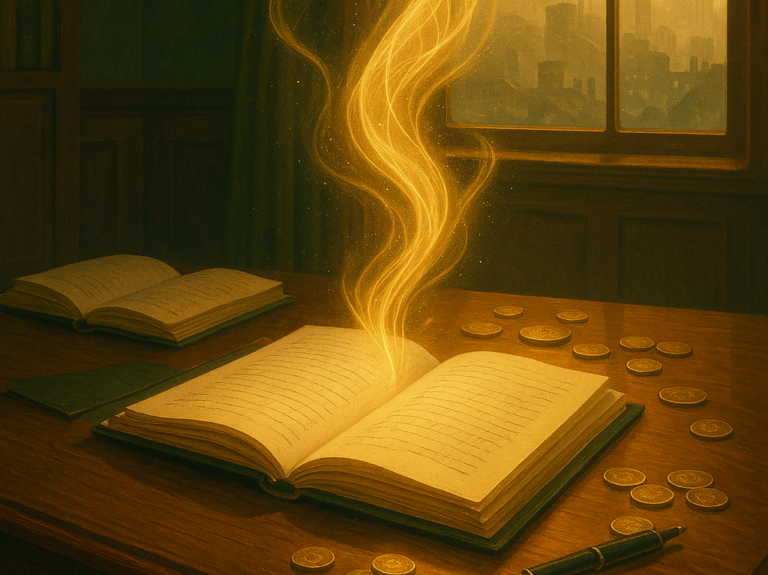 Golden light spirals up from an open book in an old-fashioned study, transforming into a cluster of gold coins against a hazy Gilded Age city skyline.