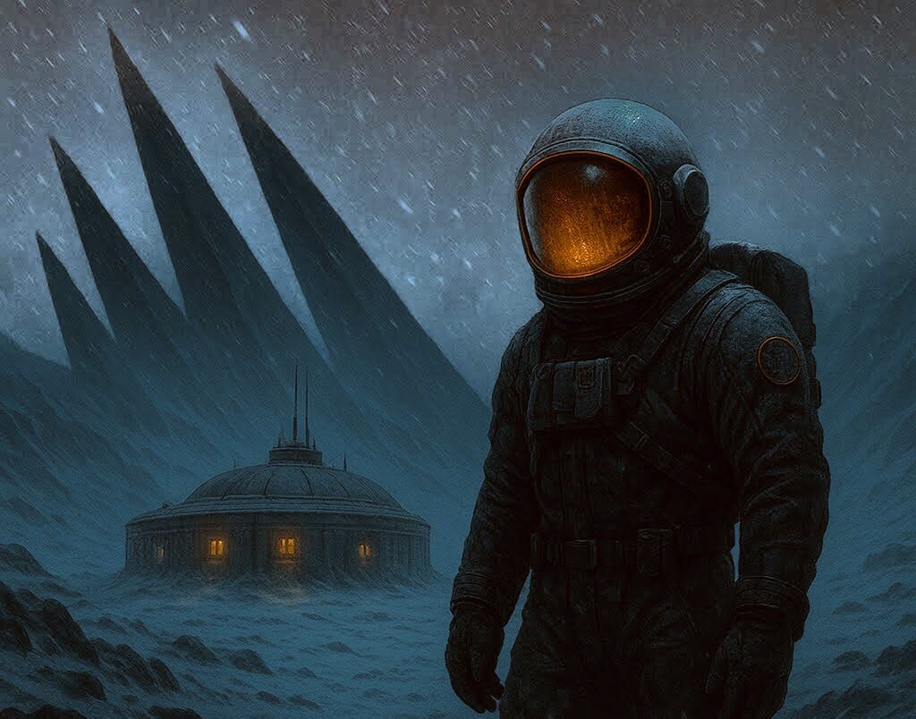 Astronaut in a bulky spacesuit stands in a blizzard on a dark alien ice planet, facing a glowing domed research habitat as jagged knife-like towers tilt from the snow.