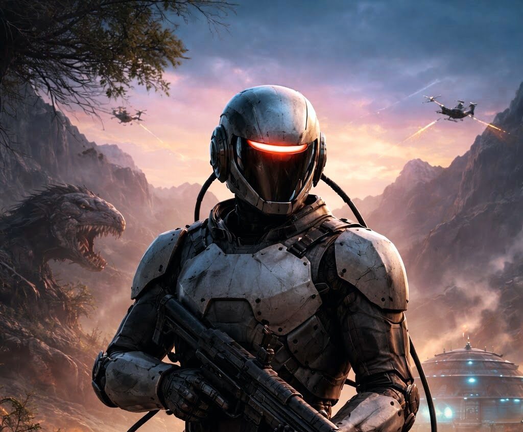 Armored SecUnit “Murderbot” with a glowing red visor stands guard on a rugged alien world during a dangerous planetary survey.
