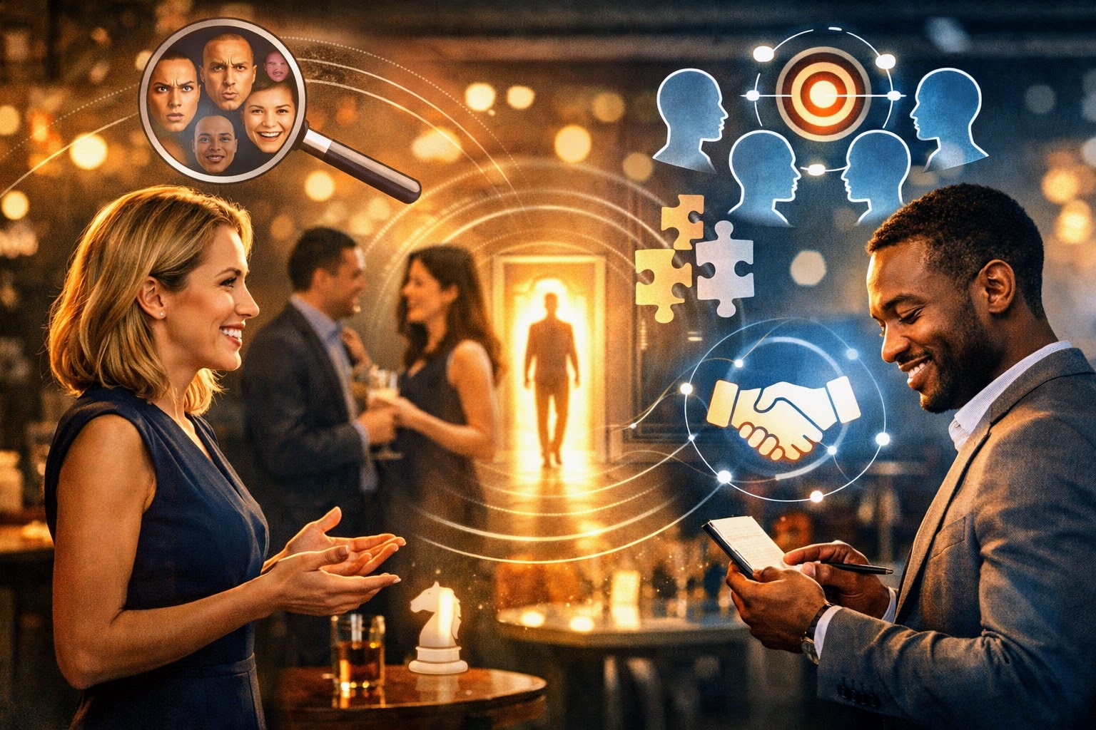 Photorealistic cocktail party scene with two professionals talking while subtle overlay icons show microexpressions, personality traits, and trust cues, representing the science of charisma and social skills.