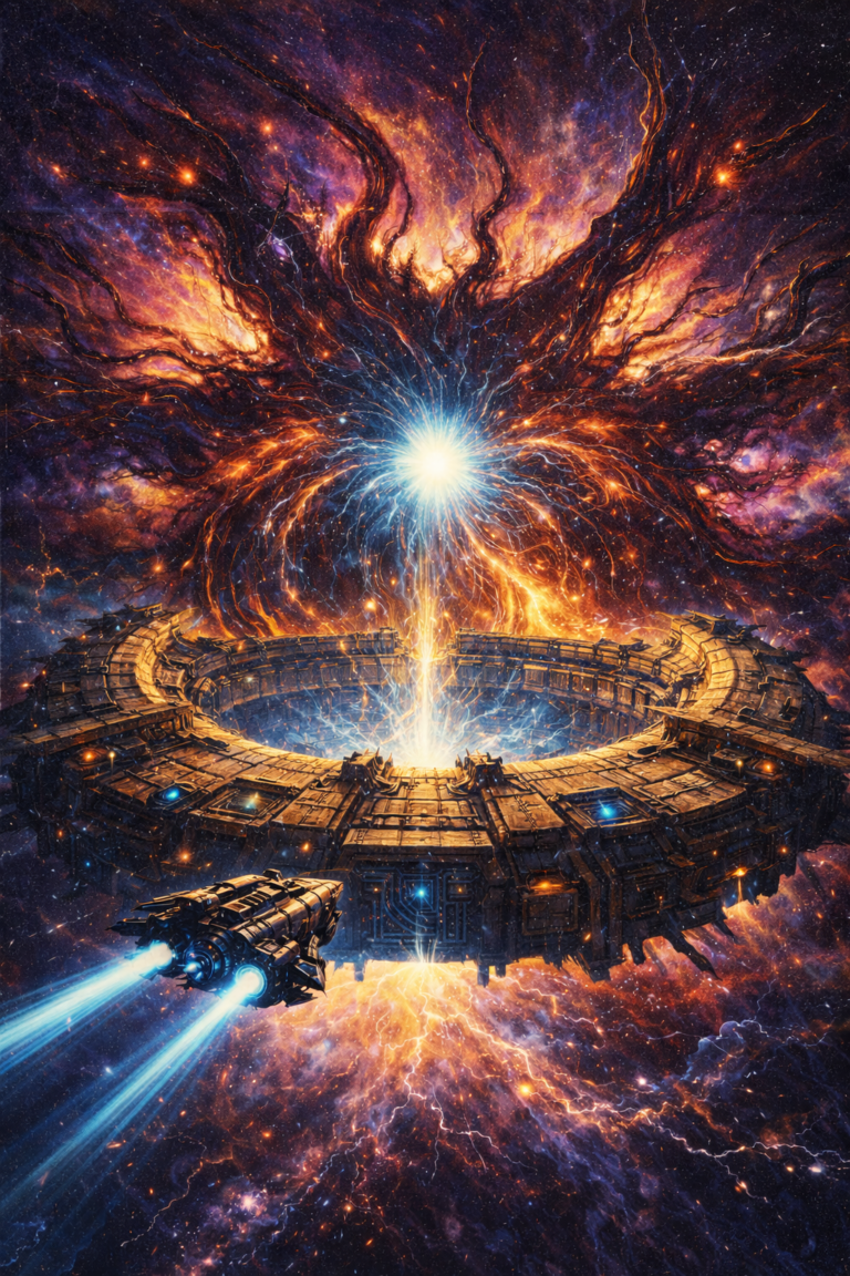 A retro-style sci-fi illustration of a massive alien stone fortress floating in unspace, glowing with energy as a lone spacecraft approaches amid a swirling cosmic entity.